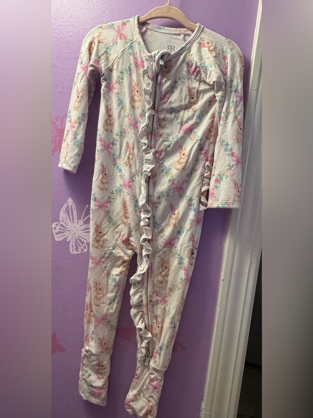Toddler Cream Pink Bunny Ruffle Footed One-Piece Pajamas